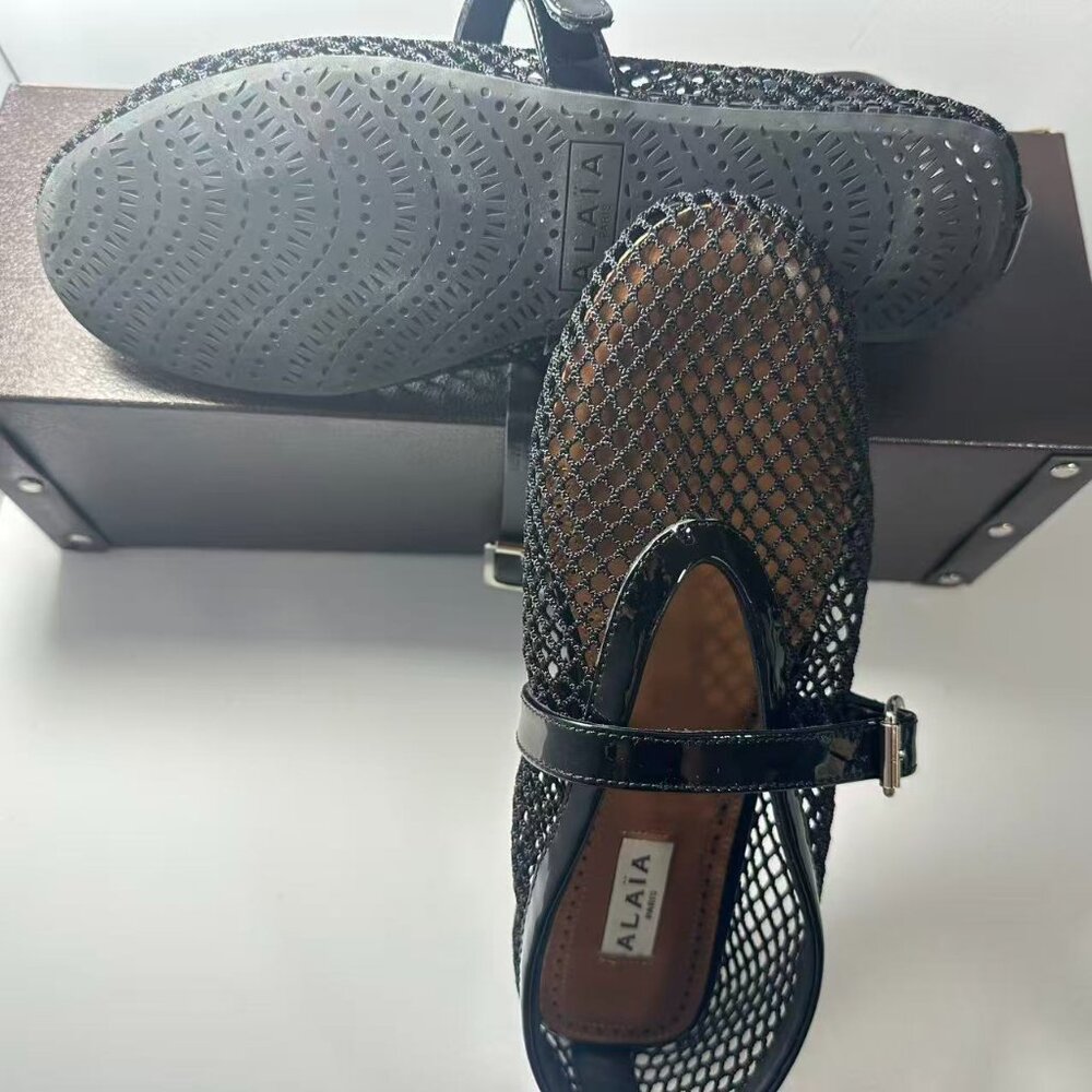 Alaia Black Mesh Flats with Patent Straps - Picture 8 of 8